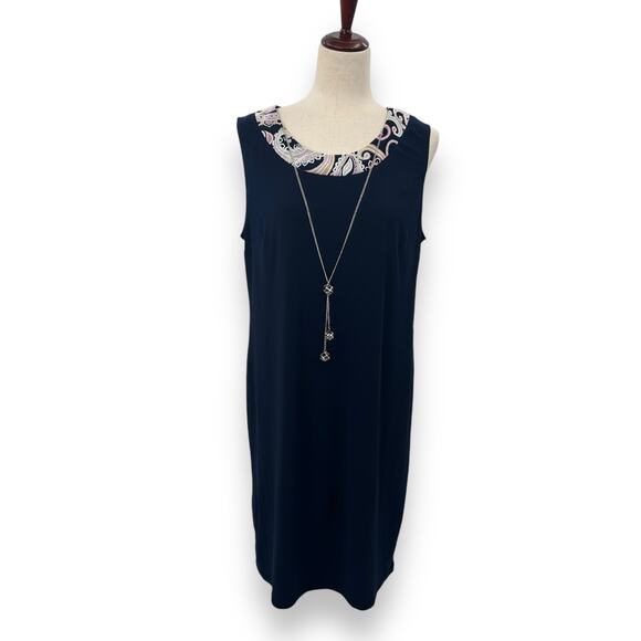 NEW R&M Richards Stretchy Shift Dress Size 16 Navy Blue Attached Necklace NEW - Picture 1 of 12